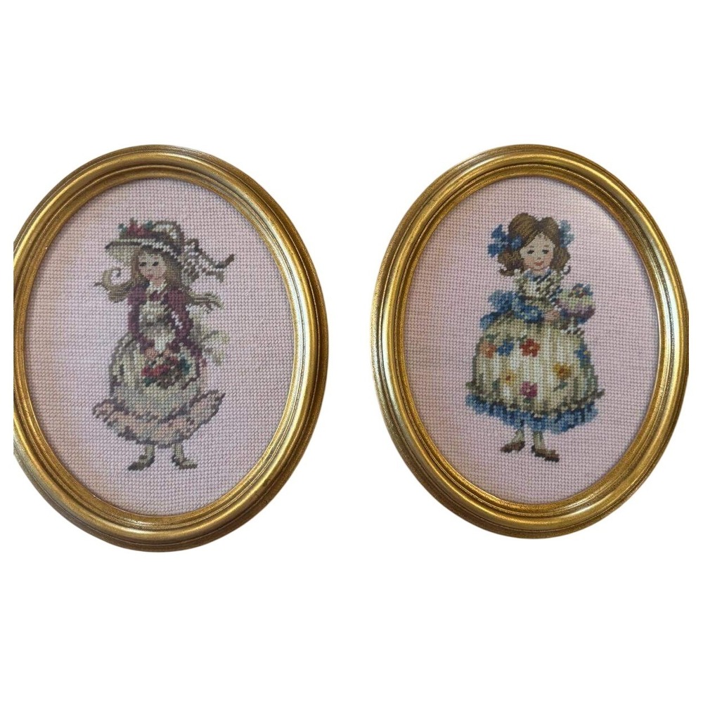 Vintage Oval Gold Framed Needlepoint Art Pair Victorian Girls Marjane Davant - Picture 1 of 7